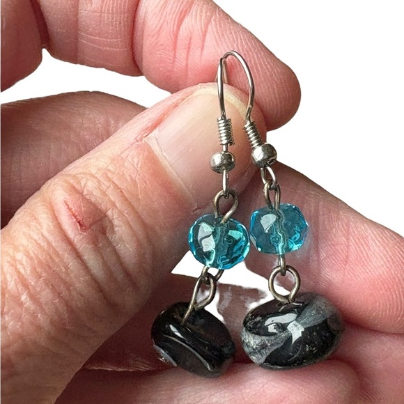 Blue Beaded Natural Stone Dangle Earrings Silver Tone - Picture 5 of 5